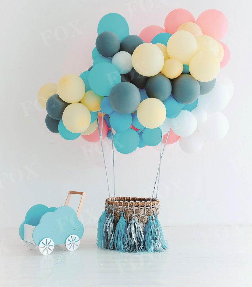 Fox Festive Balloons with Basket on White Vinyl Backdrop for Photography Birthday