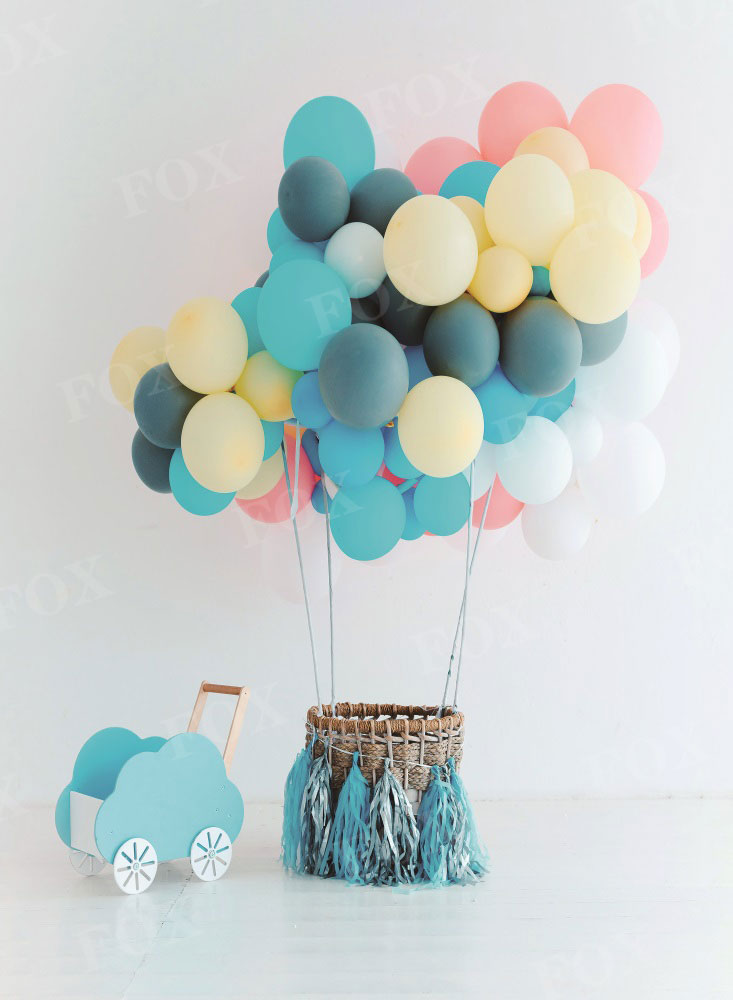 Fox Festive Balloons with Basket on White Vinyl Backdrop for Photography Birthday