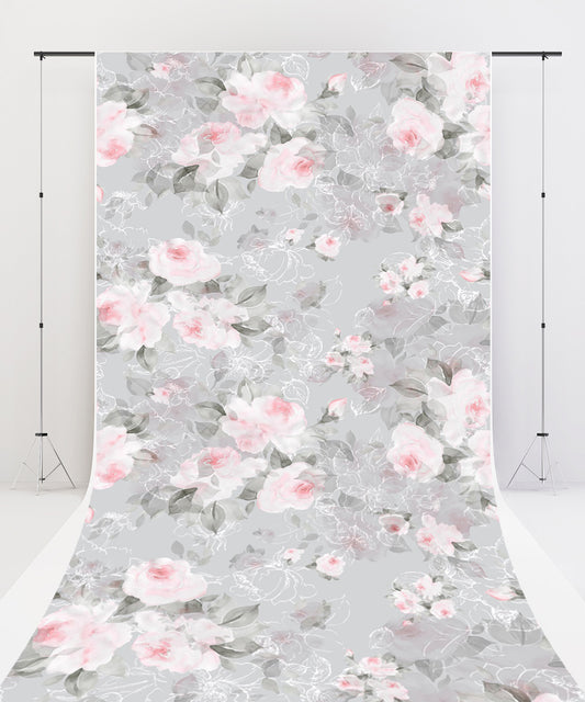 Fox Sweep Fabric Backdrop Watercolor Pink Flowers Grey for Photography