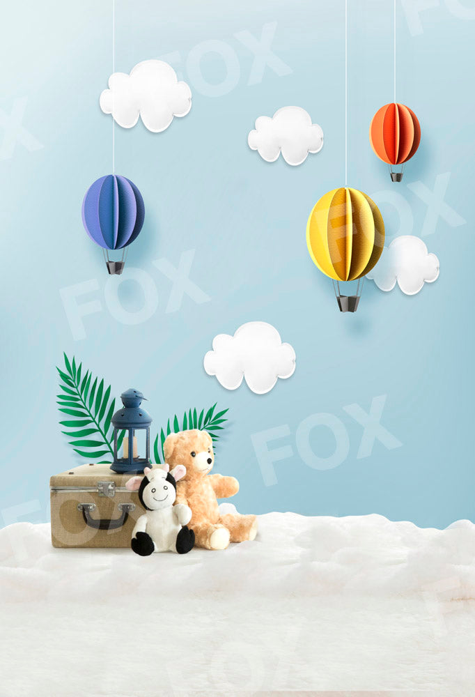 Fox Birthday Summer Hot Air Balloon and Teddy Bear Vinyl Backdrop