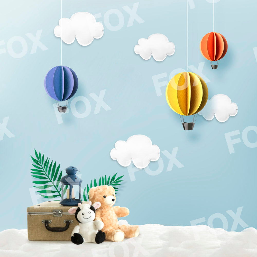 Fox Birthday Summer Hot Air Balloon and Teddy Bear Vinyl Backdrop