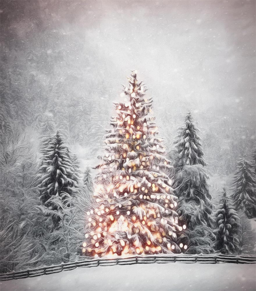 Fox Christmas Tree Snow Scene Winter Vinyl/Fabric Portrait Photography Backdrop