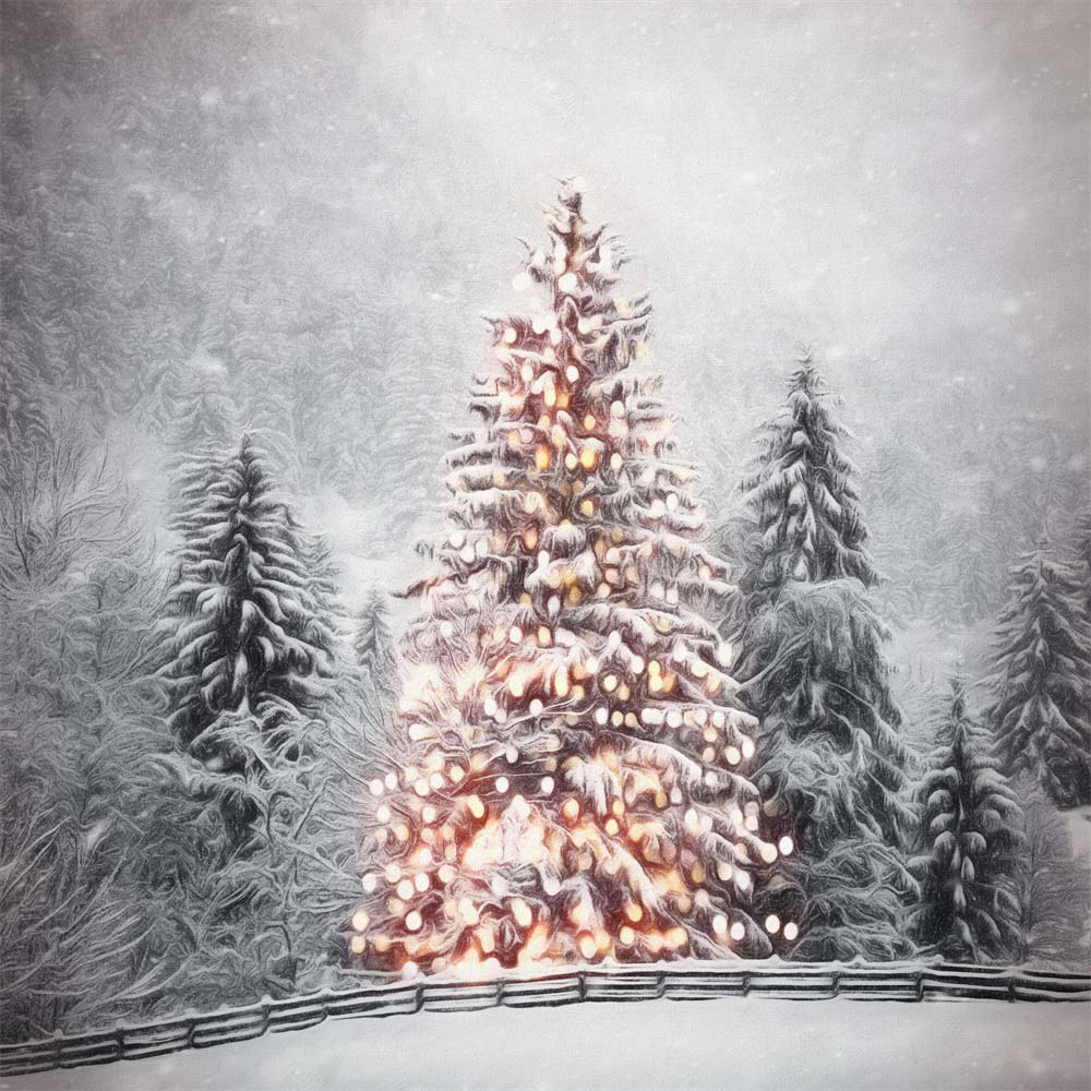 Fox Christmas Tree Snow Scene Winter Vinyl Portrait Photography Backdrop