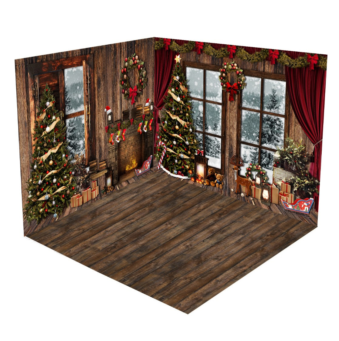 Fox Christmas Tree Room Set Fabric Photo Backdrop