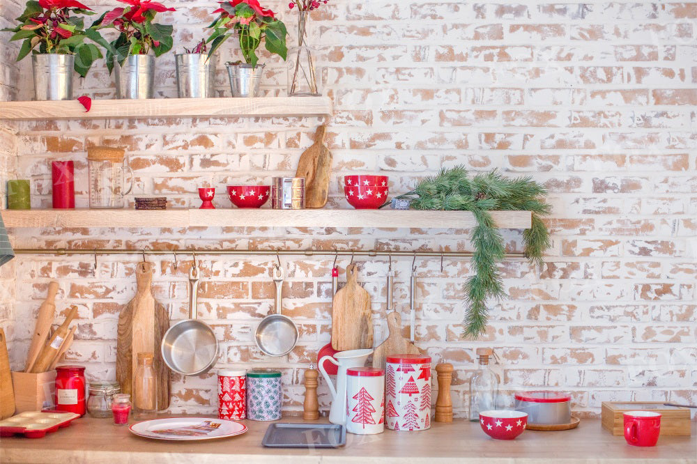 Fox Light Christmas Kitchen with Brick Wall Fabric/Vinyl Backdrop