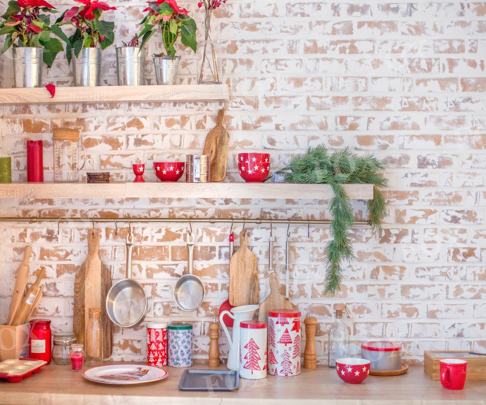 Fox Light Christmas Kitchen with Brick Wall Fabric/Vinyl Backdrop