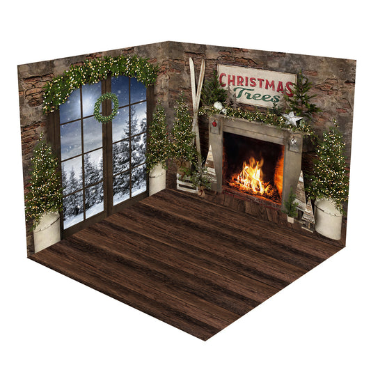 Fox 3 PCS Christmas Tree Room Set Fabric Photo Backdrop
