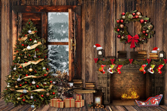 Fox Christmas Tree Vinyl Fireplace Backdrop