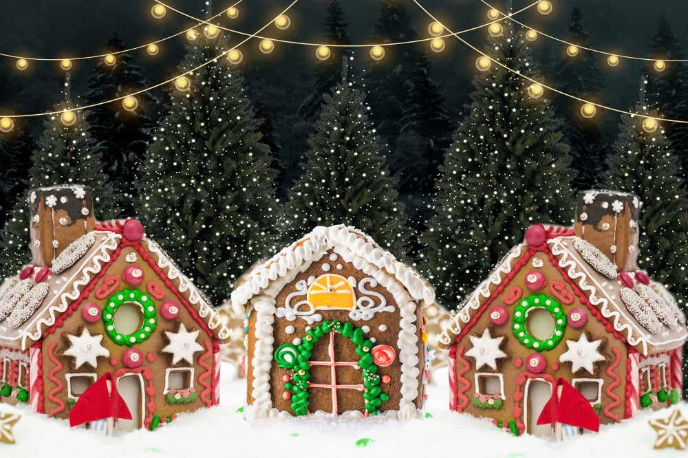Fox Christmas Decoration Cookie House Pine Tree Lights Snow Fabric/Vinyl Backdrop