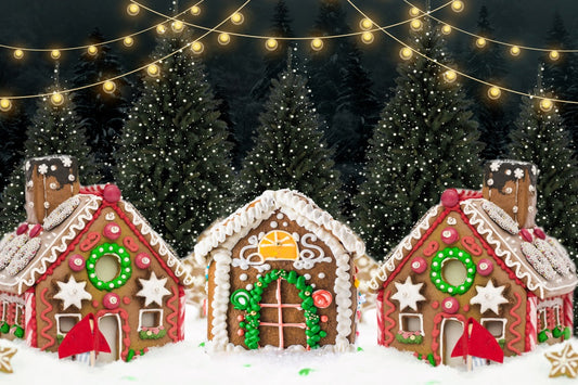 Fox Christmas Decoration Cookie House Pine Tree Lights Snow Vinyl Backdrop