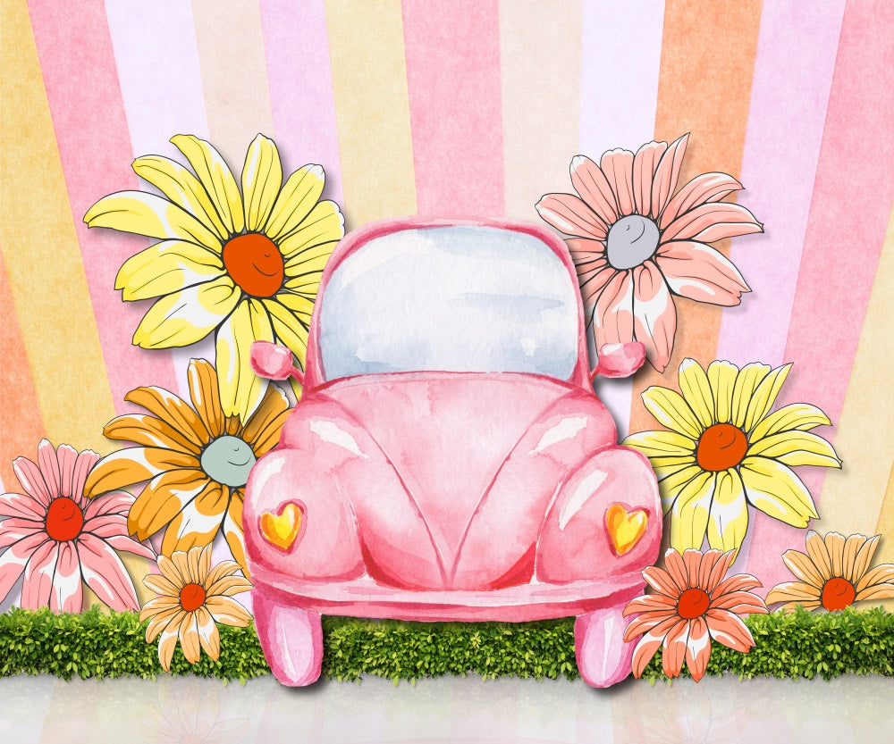 Fox Summer Car Cartoon Sunflower Vinyl/Fabric Backdrop Designed by JT photography