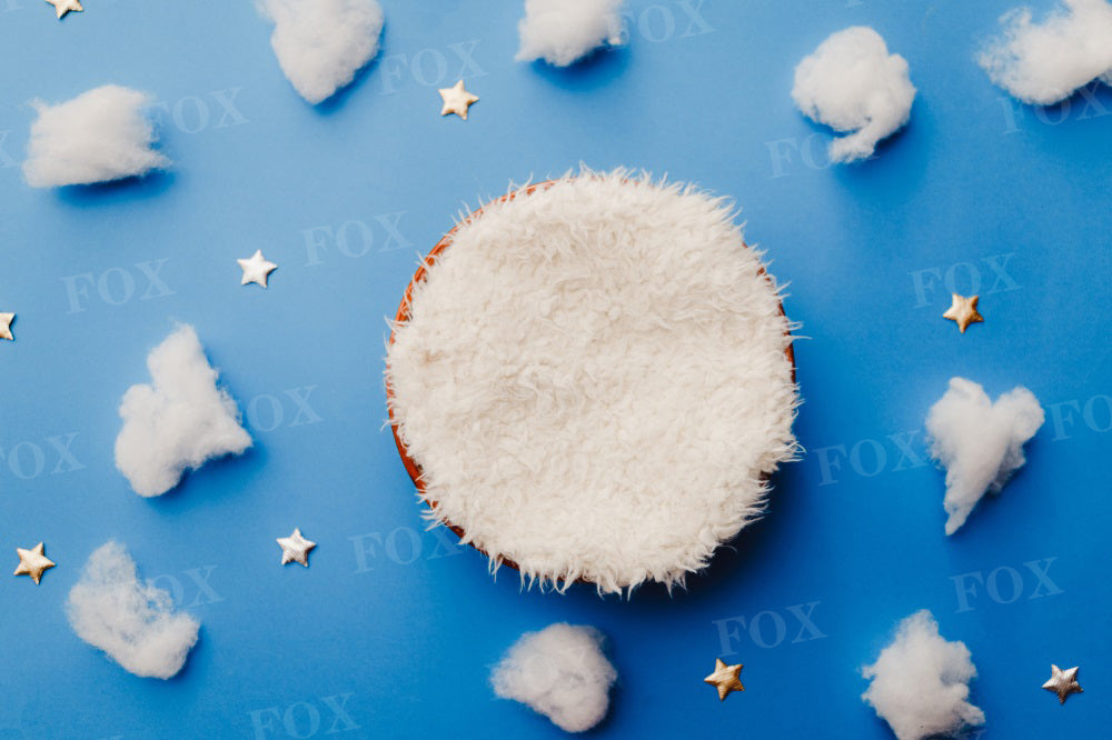 Fox Newborn Vinyl Backdrop with Clouds and Stars on Blue Backdrop