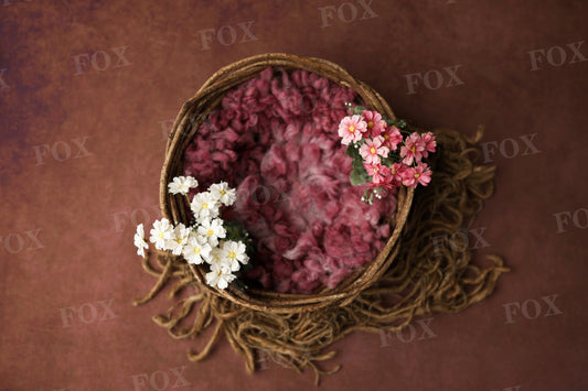 Fox Newborn Wicker with Pink Fur and Flowers Vinyl Backdrop