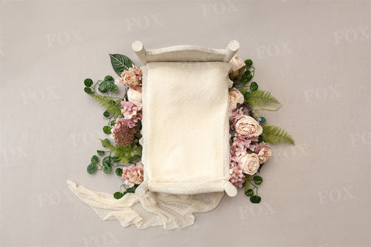 Fox Small Wooden Bed Vinyl Backdrop with White Cape and Floral Decorations Suitable for Newborns