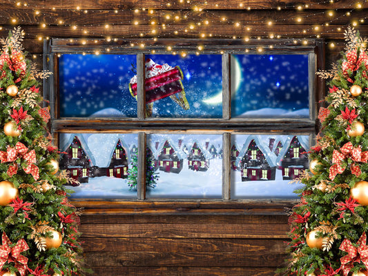 Fox Rolled Christmas Tree Snow Window Night Vinyl Backdrop - Foxbackdrop