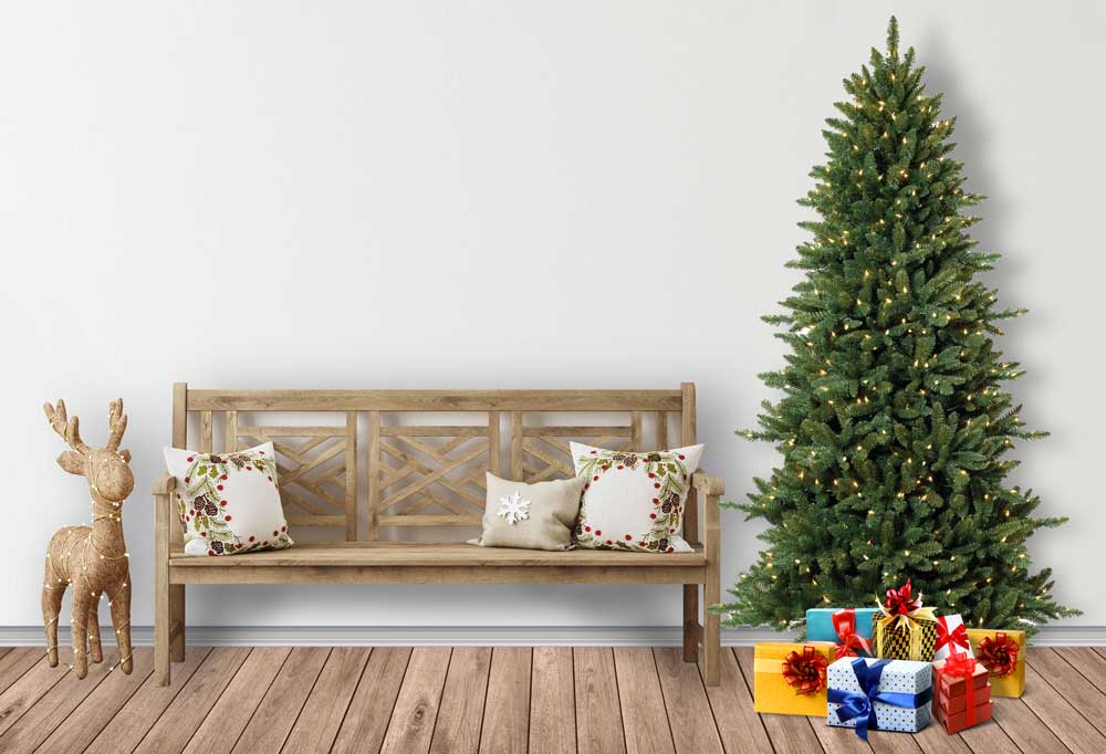 Fox Rolled Christmas Trees Gifts Fawn Sofa Vinyl Backdrop - Foxbackdrop