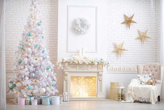 Fox Christmas Holiday Family Fireplace Vinyl Photo Backdrop - Foxbackdrop