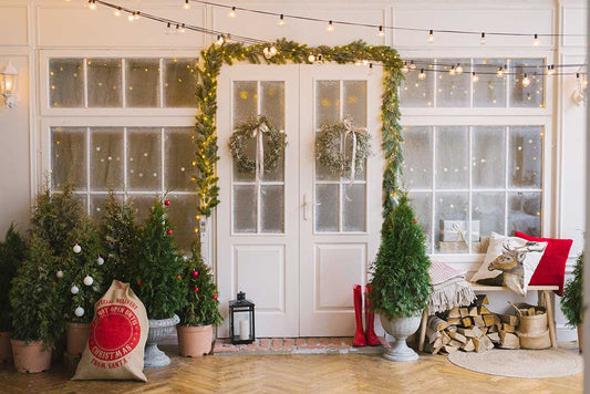 Fox Christmas Front Door Lights Vinyl Family Backdrop - Foxbackdrop