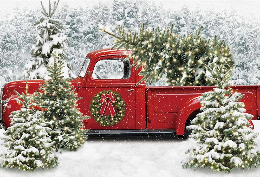 Fox Christmas Tree Car Snow Photography Vinyl Backdrop