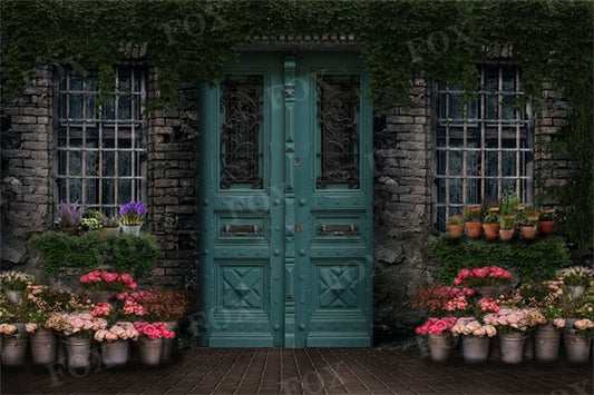 Fox Spring Green Wooden Door Flowerpot Photography Vinyl Backdrop