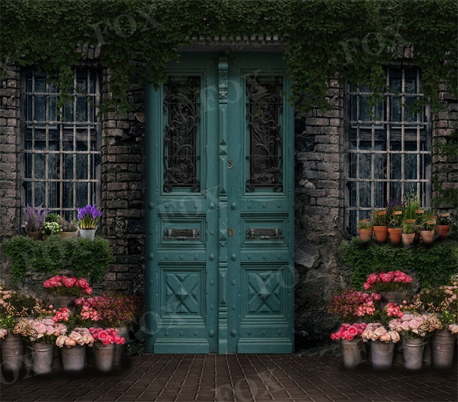 Fox Spring Green Wooden Door Flowerpot Photography Fabric/Fabric/Vinyl Backdrop