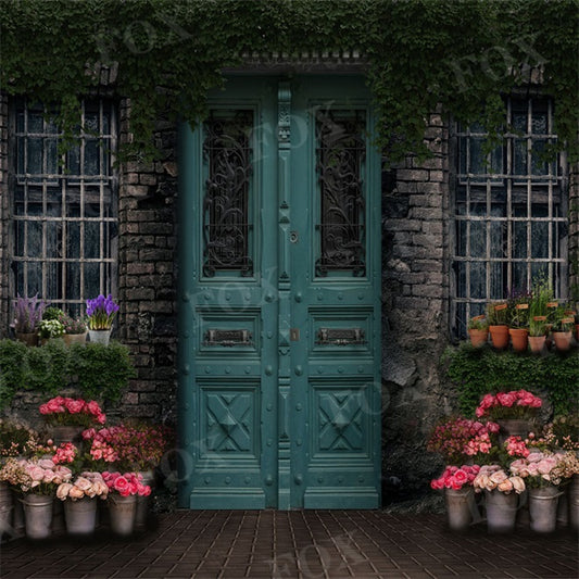 Fox Spring Green Wooden Door Flowerpot Photography Fabric/Fabric/Vinyl Backdrop