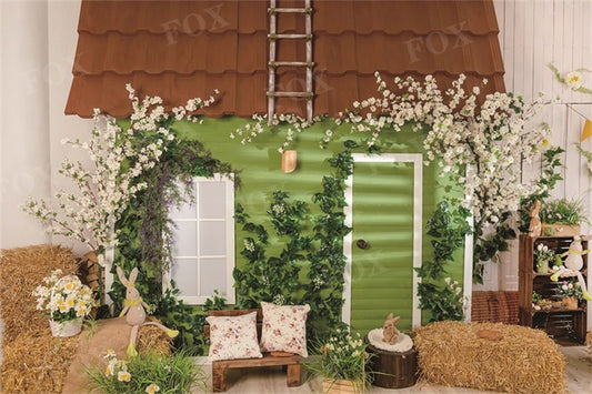 Fox Spring Wooden House Flowers Photography Vinyl Backdrop