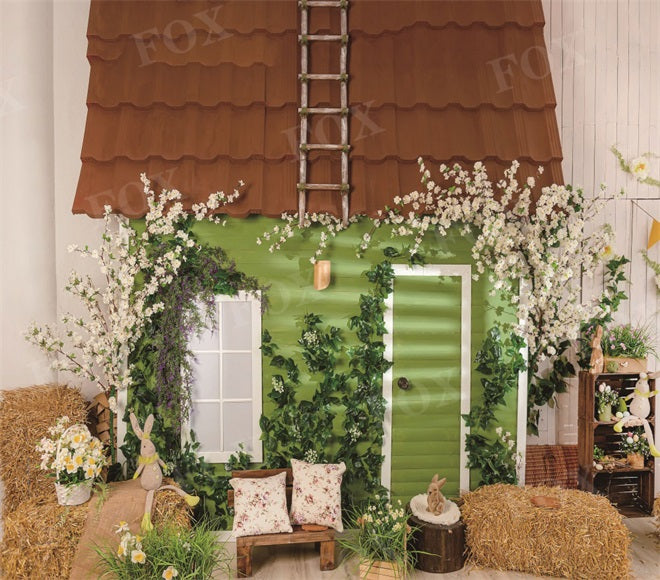 Fox Spring Wooden House Flowers Photography Fabric/Fabric/Vinyl Backdrop