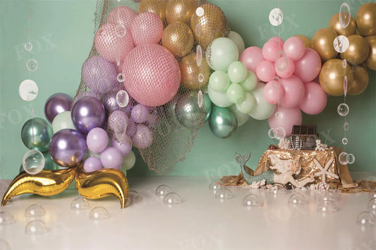 RTS Fox Mermaid Balloon Birthday Fabric Backdrop Designed by Kristen Noelle