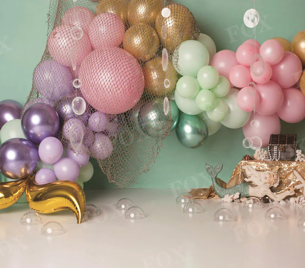 RTS Fox Mermaid Balloon Birthday Fabric Backdrop Designed by Kristen Noelle