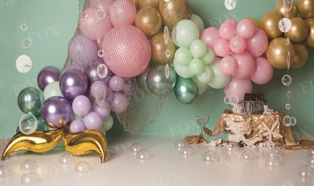 Fox Mermaid Balloon Birthday Vinyl Backdrop Designed by Kristen Noelle