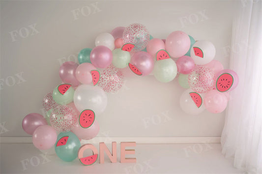 Fox One in a Melon Pink Pastel Summer Cakesmash Birthday Vinyl Backdrop Design by Kali