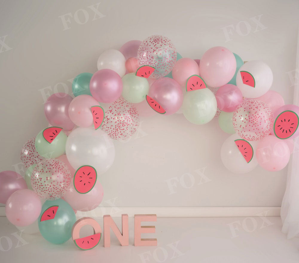 Fox One in a Melon Pink Pastel Summer Cakesmash Birthday Vinyl/Fabric Backdrop Design by Kali