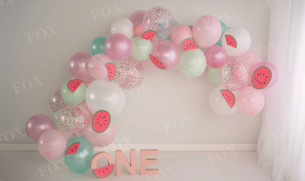 Fox One in a Melon Pink Pastel Summer Cakesmash Birthday Vinyl/Fabric Backdrop Design by Kali