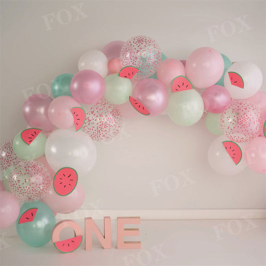 Fox One in a Melon Pink Pastel Summer Cakesmash Birthday Vinyl Backdrop Design by Kali