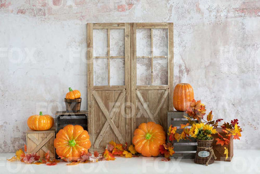 Fox Autumn Pumpkin Wooden Door Old Door Maple Leaf Fabric/Vinyl Backdrop