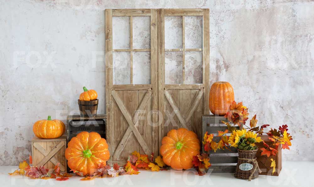 Fox Autumn Pumpkin Wooden Door Old Door Maple Leaf Fabric/Vinyl Backdrop