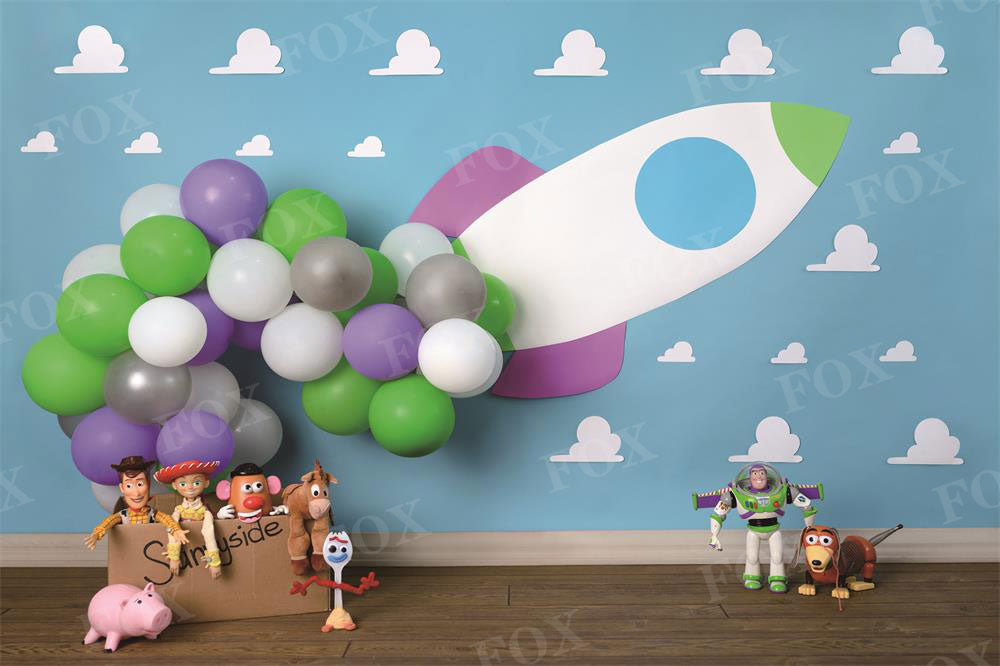 Fox Toy Story Light Spaceship Cakesmash Birthday Vinyl/Fabric Backdrop Designed by Claudia Uribe