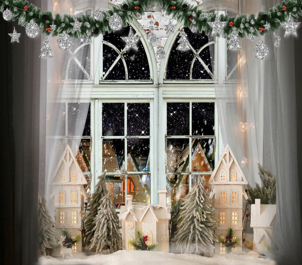 Fox Winter Mini Christmas Lights Window Fabric/Vinyl Backdrop