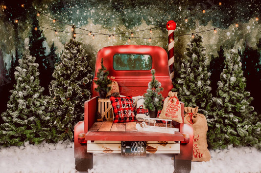 Fox Winter Christmas Car Trees Vinyl Backdrop