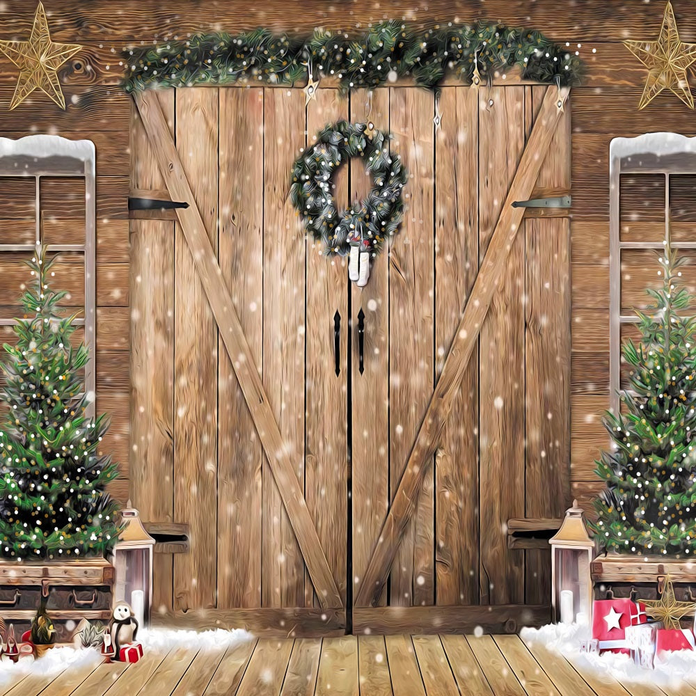 Fox Antique Christmas Wooden Door Fabric/Vinyl Backdrop