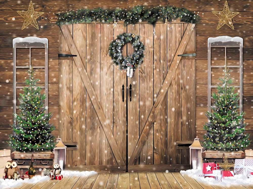 Fox Antique Christmas Wooden Door Fabric/Vinyl Backdrop