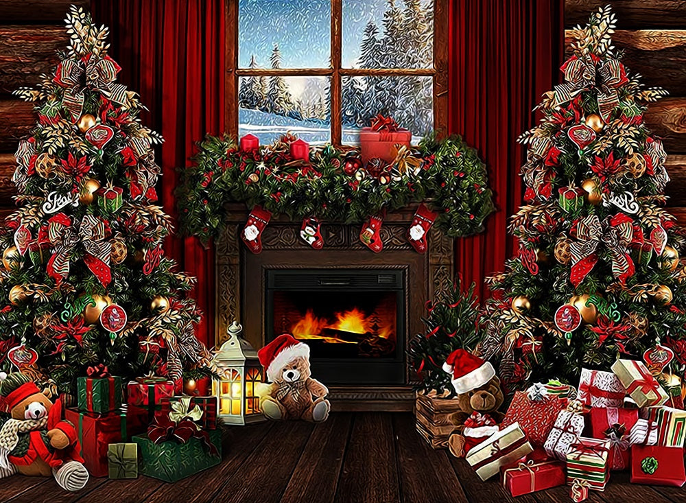 Fox Christmas Fire Place Teddy Bear & Presents Nutcracker Fabric/Vinyl Backdrop