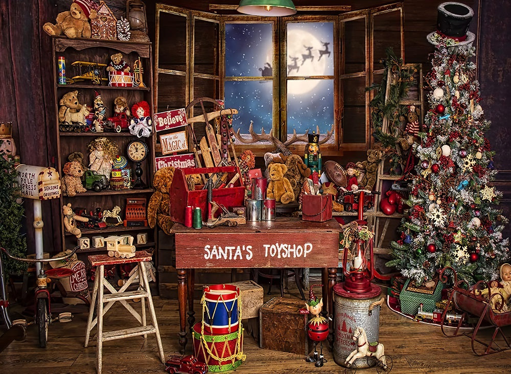 Fox Christmas Santa Toy Shop Vinyl Backdrop