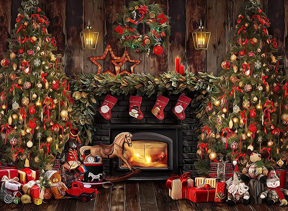Fox Cartoon Christmas Fireplace Photography Fabric/Vinyl Backdrop