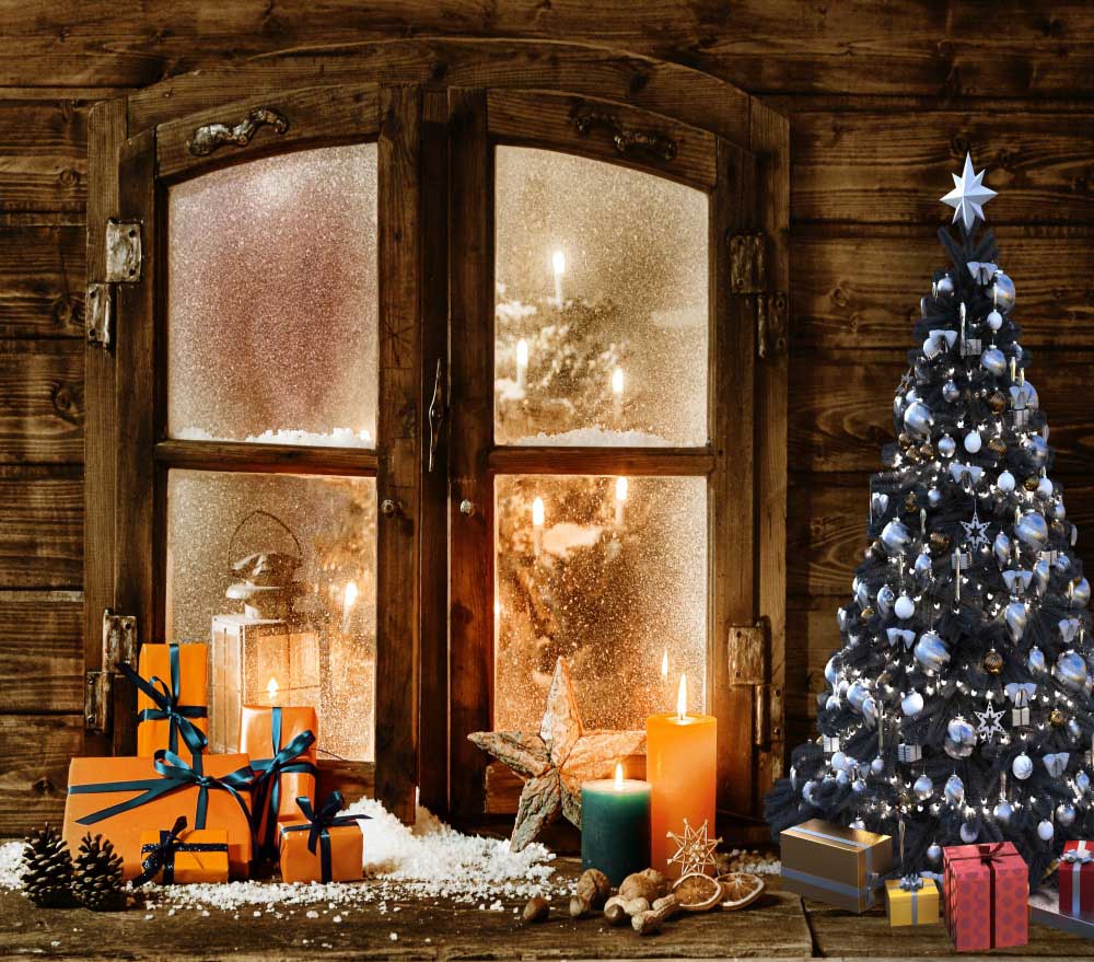 Fox Christmas Log Cabin Winter Window Vinyl Backdrop