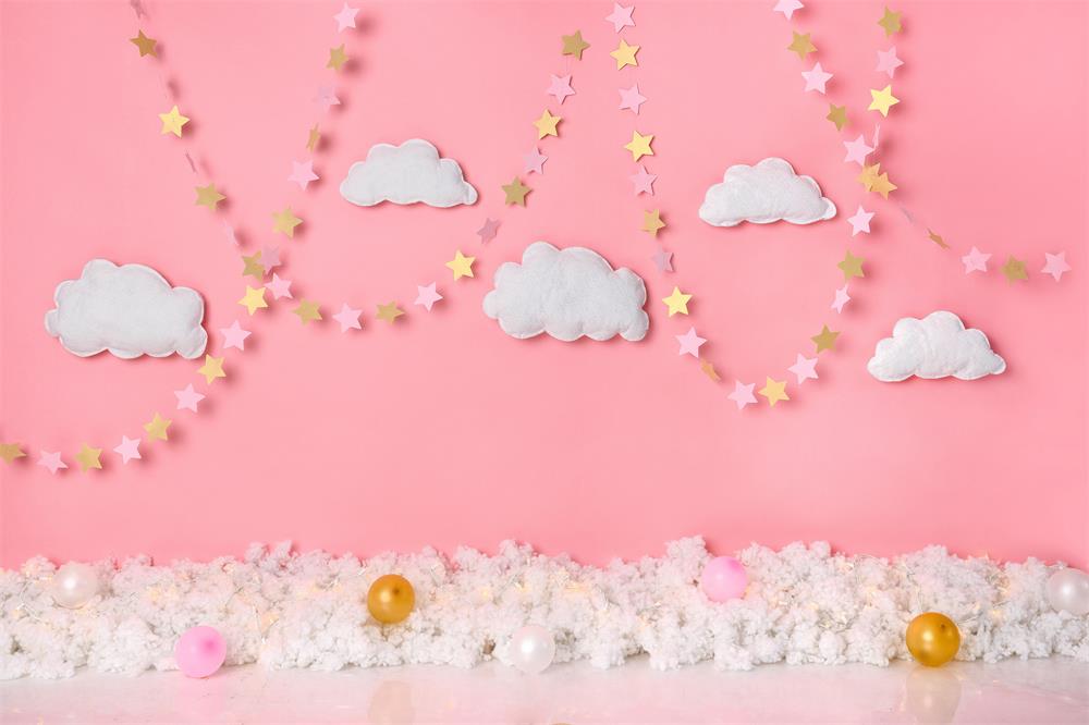 Fox Gold Stars Clouds Sky Pink Girl Birthday Vinyl/Fabric Backdrop Designed by Claudia Uribe