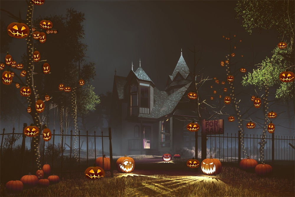 Fox Halloween Castle Pumpkin Lantern Fabric/Vinyl Backdrop