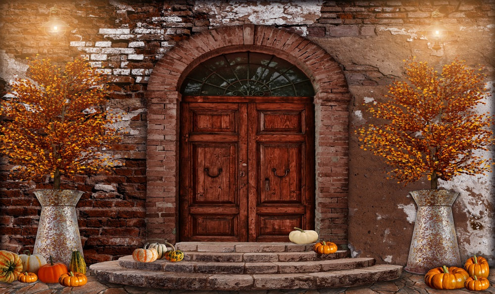 Fox Autumn Pumpkin in front of the Door Vinyl Backdrop
