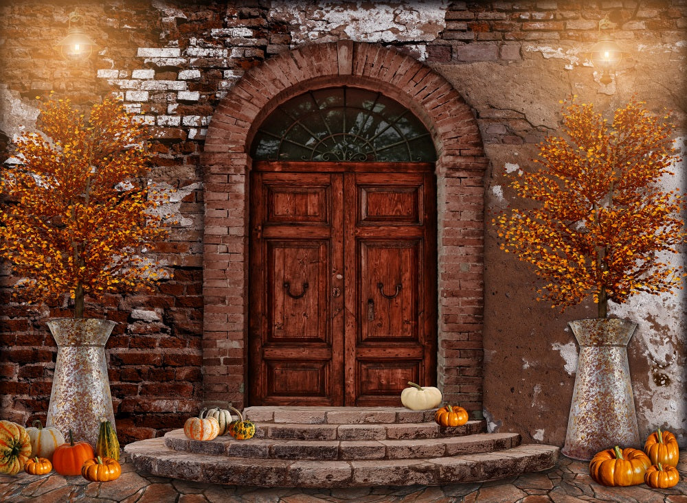 Fox Autumn Pumpkin in front of the Door Fabric/Vinyl Backdrop